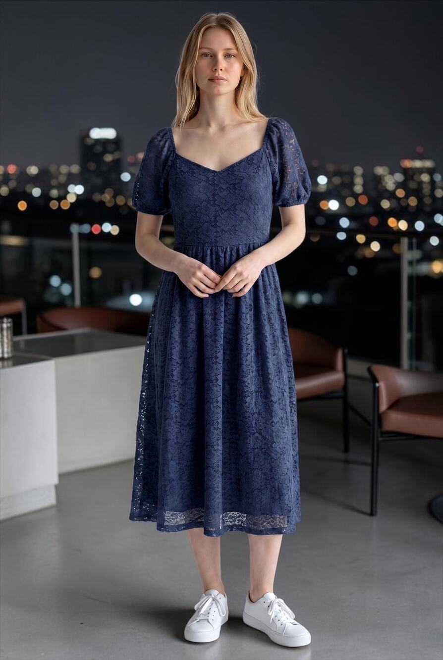 NSR Navy Blue Lace Dress Medium Empire Waist Puffy Sleeve Romantic NWT Boho
